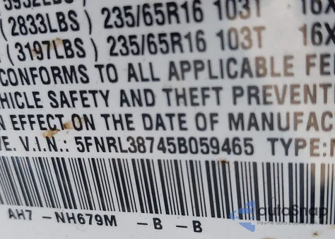 2005 Honda Odyssey Ex-L from USA, damaged, VIN 5FNRL38745B059465